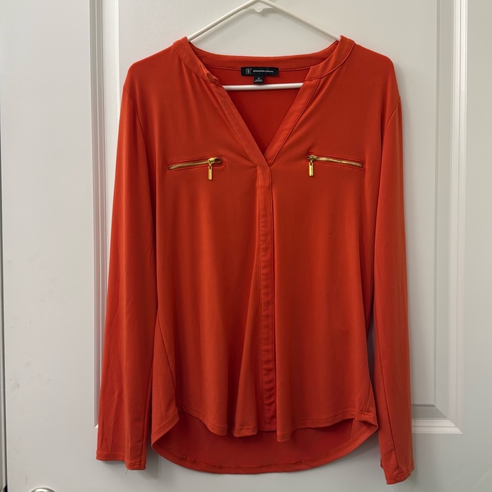 Burnt Orange Long Sleeve Zip Pocket Blouse with Gold Zipper Details – Medium